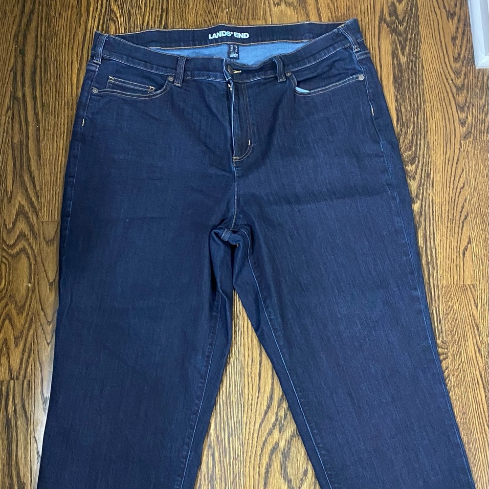 Dark wash, plus size denim. Lands’End